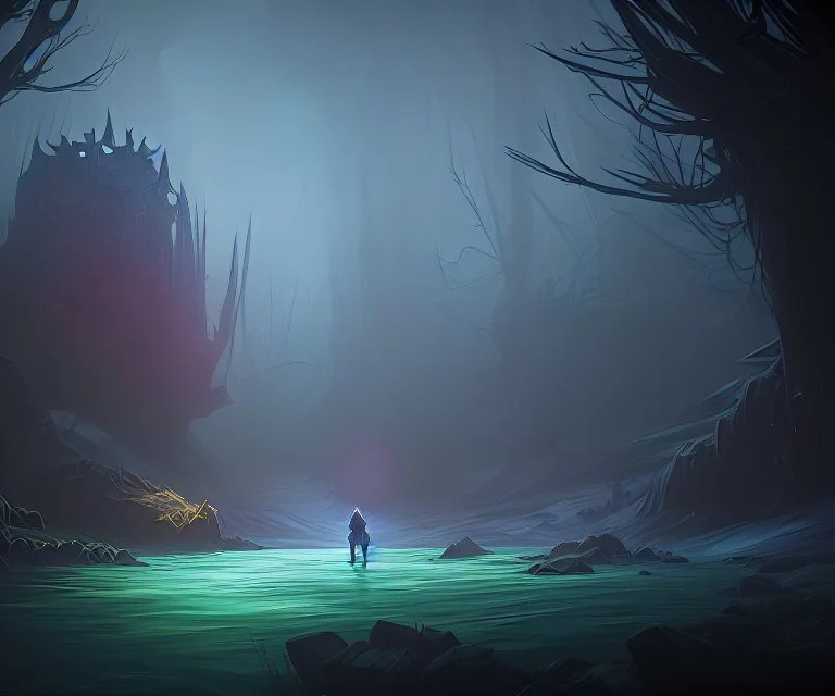 dynamic lighting, Intricately detailed, Splash screen art, deep color, Unreal Engine, volumetric lighting, dark fantasy artwork, dark swamp artwork, fantasy swamp artwork, cottage, night, fog,