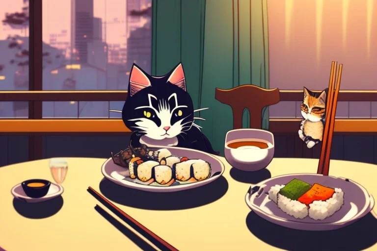 Cats sitting at a table, eating sushi with chopsticks. Animé Style