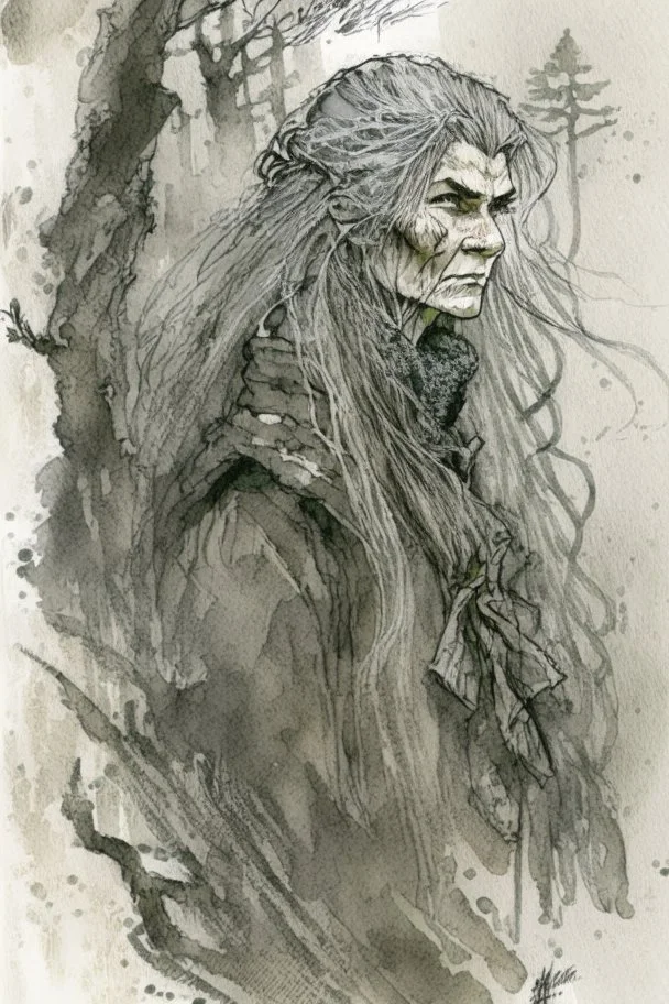 ink wash and watercolor illustration of an ancient grizzled, gnarled female vagabond wanderer, long, grey hair streaked with black, highly detailed facial features, sharp cheekbones. Her eyes are black. She wears weathered roughspun Celtic clothes, emaciated and tall, with pale skin, full body , thigh high leather boots within a forest of massive ancient oak trees in the comic book style of Bill Sienkiewicz and Jean Giraud Moebius , realistic dramatic natural lighting, rich earth tones