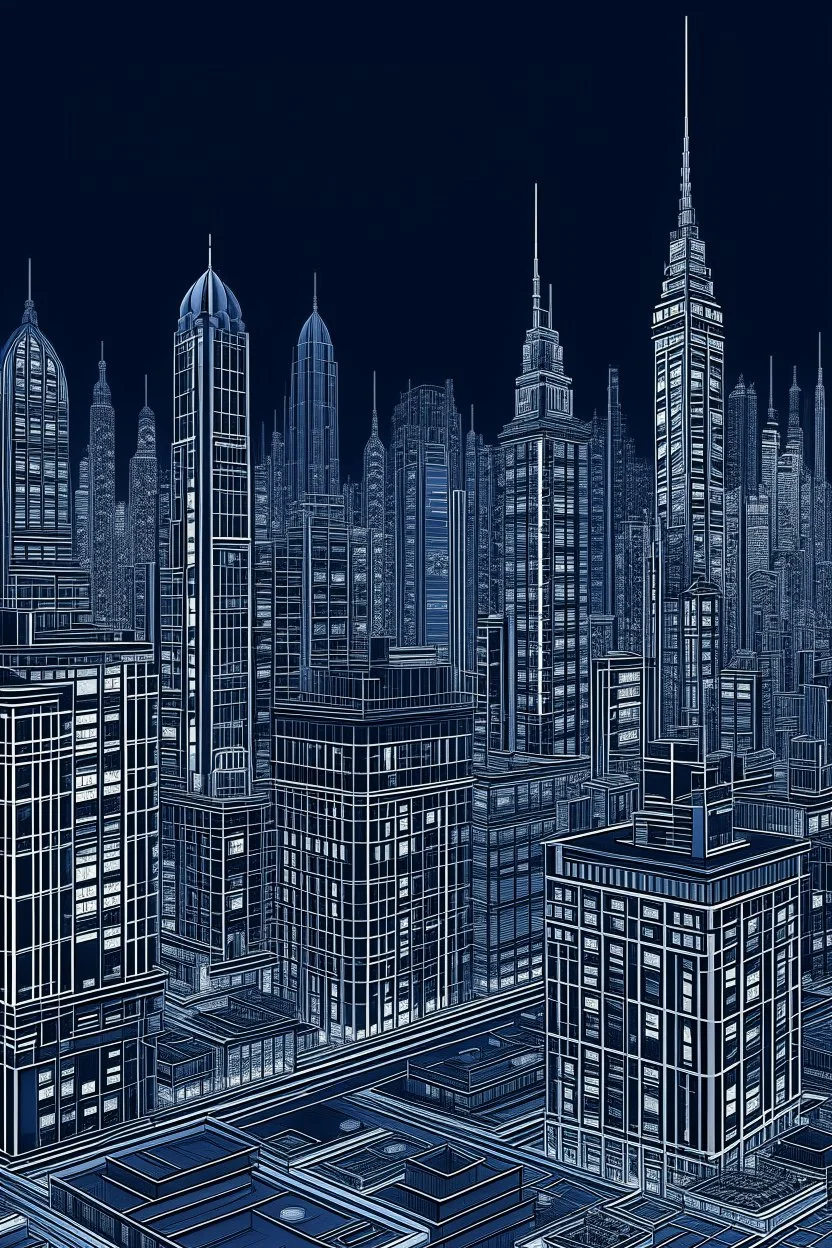 Fine lines draw of a dream city , nyc building , dark blue no windows 3D