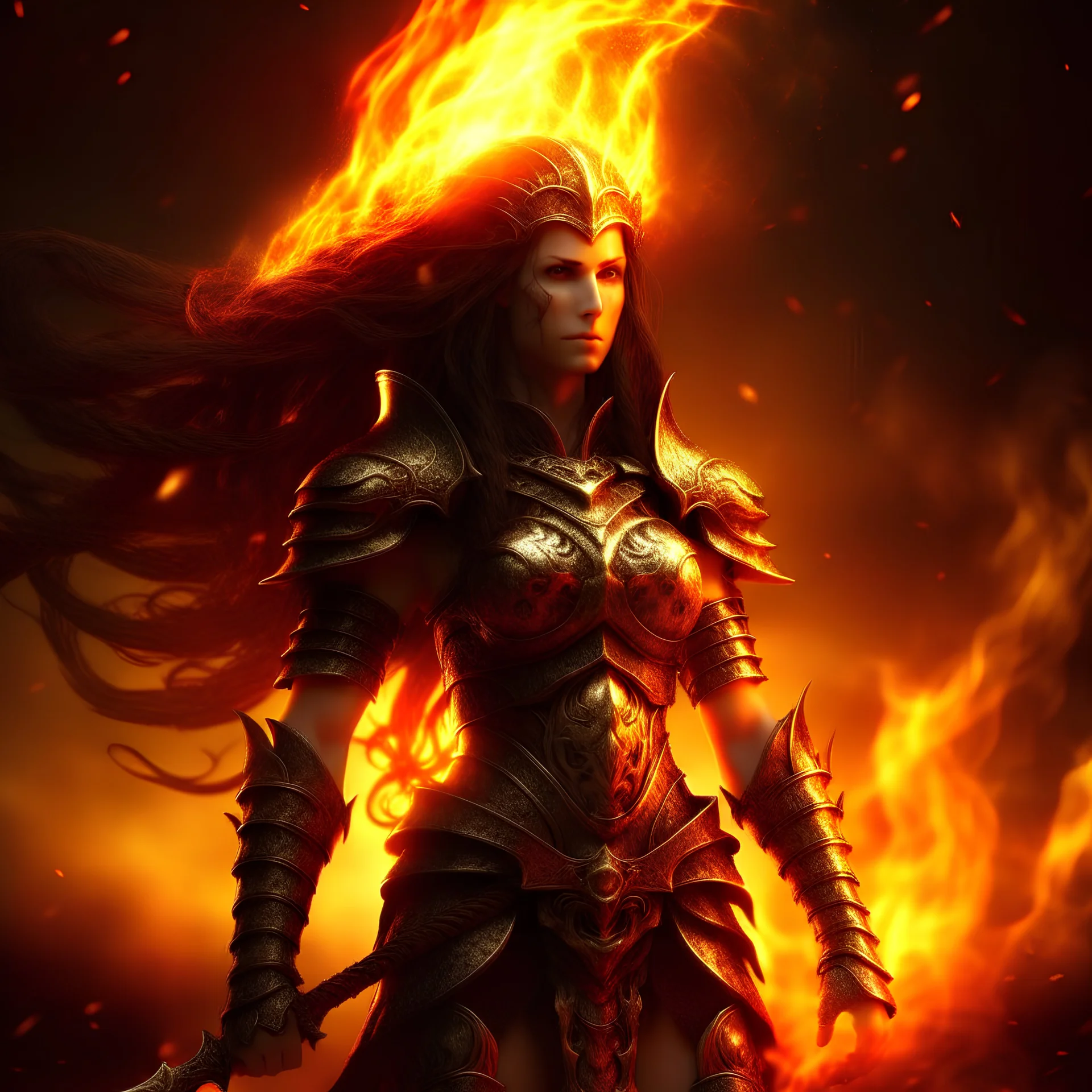 Medusa in crusader armor standing in front of a brilliant flame, fantasy, digital art