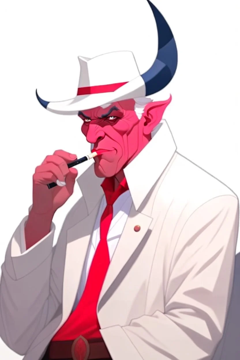 An old male red tiefling wearing a white and blue police comisioner outfit smoking a cig.