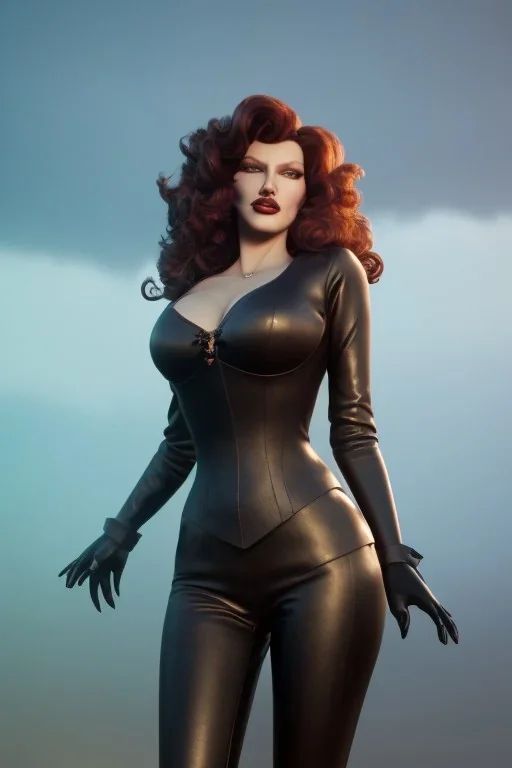 Rita Hayworth as evil queen in black leather, busty, cleavage, curvy, angry, stern look. character design by cory loftis, fenghua zhong, ryohei hase, ismail inceoglu and ruan jia. unreal engine 5, artistic lighting, highly detailed, photorealistic, fantasy