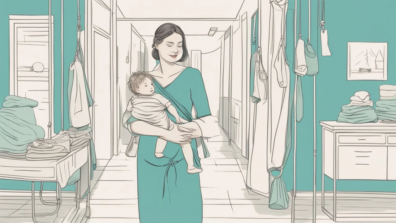 A digital illustration of a woman walking carrying a child in a sling, on an aquamarine blue background, with clothes hanging on a line nearby