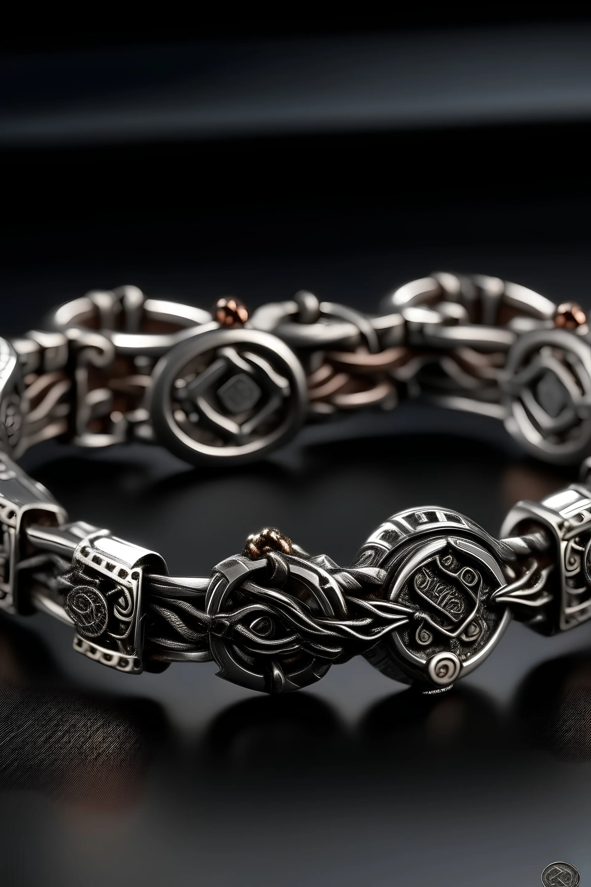 A modern and basic and antique unisex bracelet, wonderful and very clear details from all directions, a precise explanation of the details of the bracelet, wide, medium size, made of copper, unique, precise depiction, in silver and black.