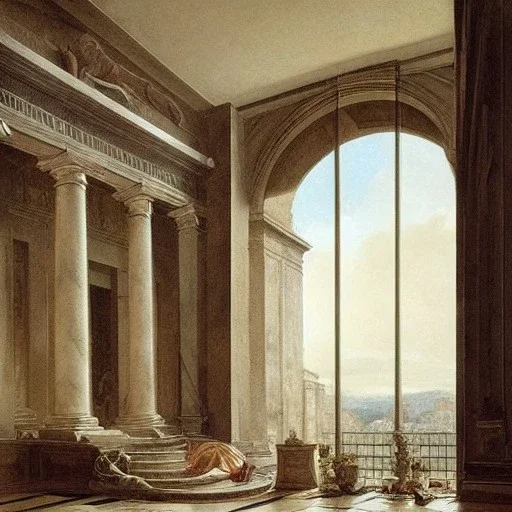  Living room with a big full wall window view on rome , Vignola classicism architecture,interior design,point of perspective,by Jean Baptiste Monge, Epic cinematic, brilliant stunning, intricate, meticulously, detailed, dramatic atmospheric, maximalist digital matte painting