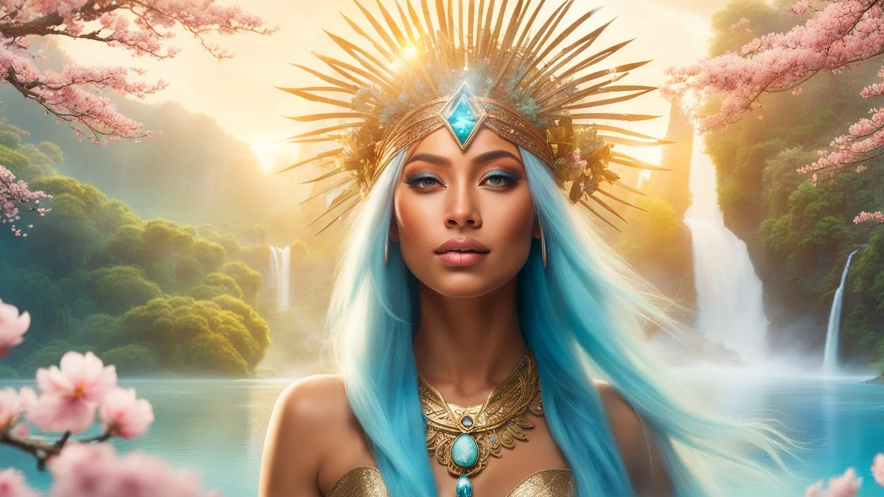 Photo realistic portrait of a gorgeous smiling skinny polynesian goddess with a golden dark shining skin, long smooth clear turquoise blue white hair, blue eyes, in a sci-fi outfit with luminous strikes blowing a kiss in a hill of flowers with sakura trees, a waterfall, a crystal palace, loads of mini flowers, moss, sun rays through the branches, particles in the air at spring