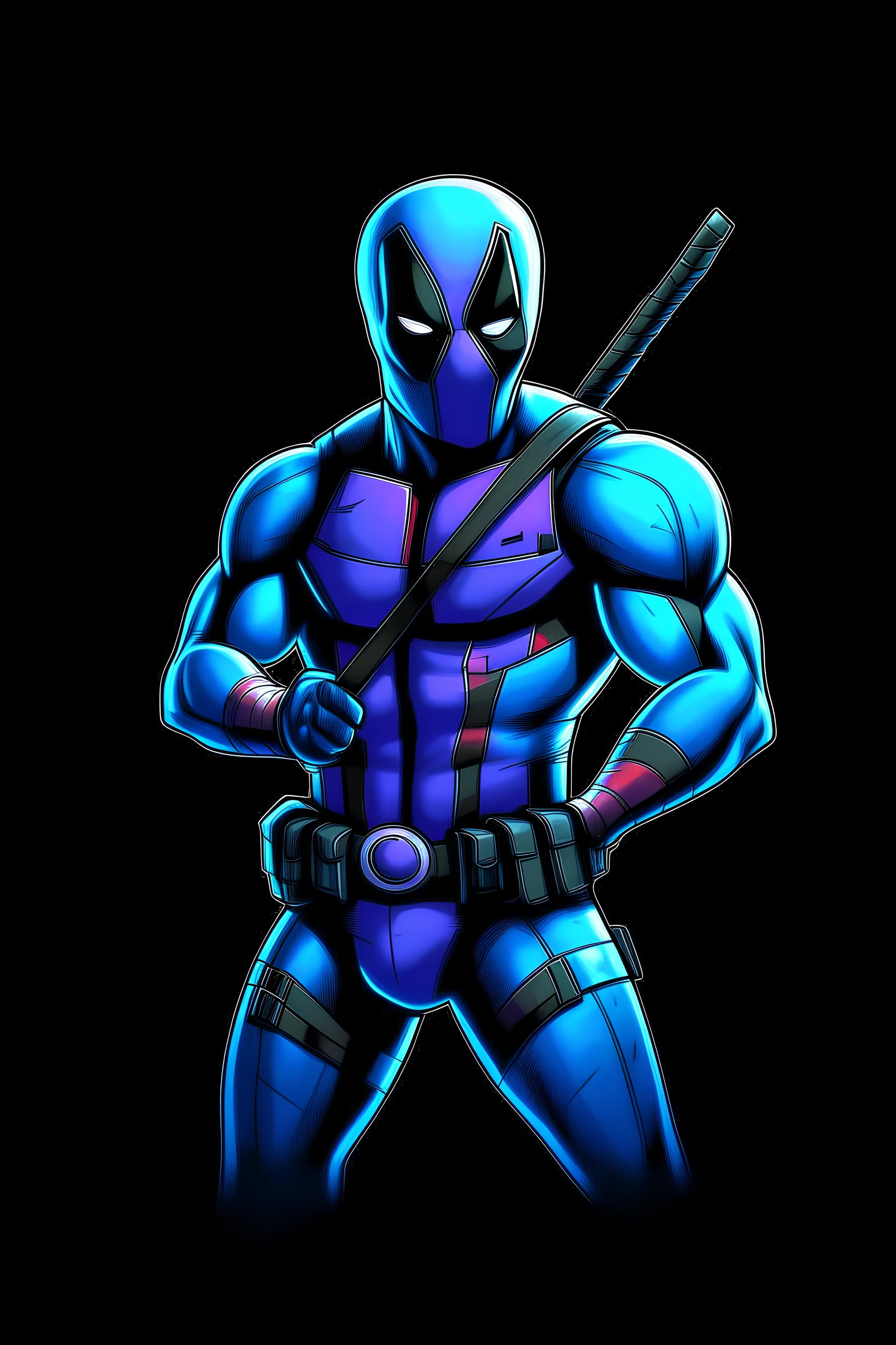 Black main color, blue accent color deadpool, thin, fit, lean