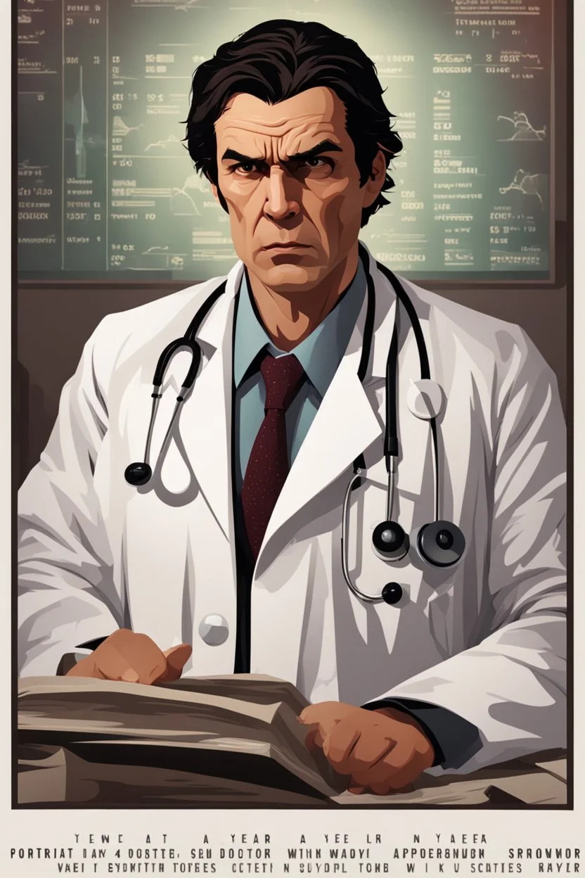 portrait of a 40 year old doctor with dark hair and a scowling expression, angry eyes