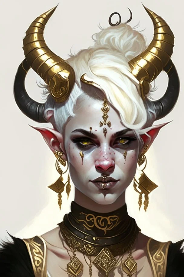 A young tiefling woman with a set of ram horns on her head encrusted with jewels, White-Blonde, short hair, black eyes, dressed in white and gold with lots of jewelry, beautiful, satanic tattoos on her neck, she is happy