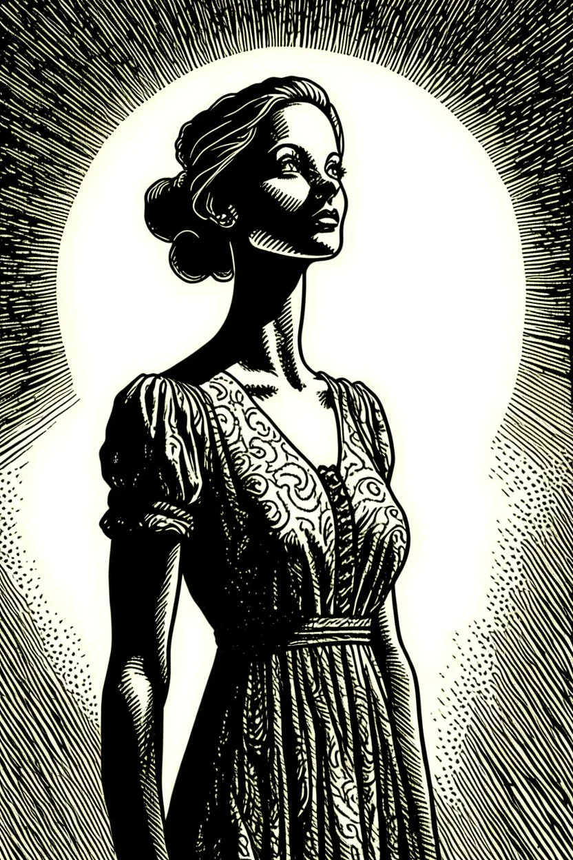 A hauntingly beautiful ink drawing of a woman in a summer dress, her face illuminated by the sun's rays.