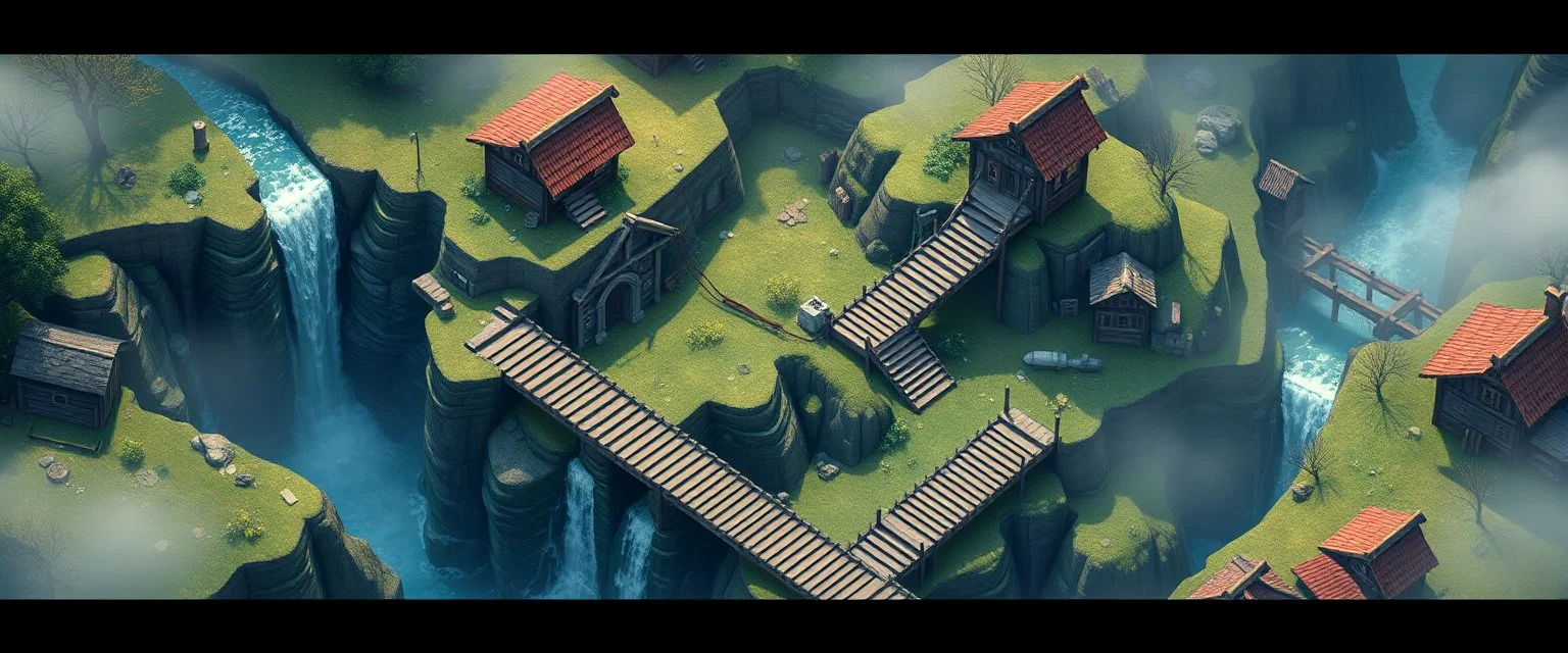 winding stairs in isometric game waterfall and mill landscape with houses and fog of war