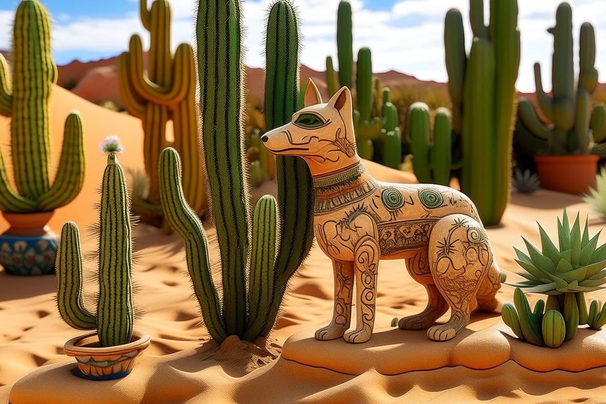 A tan sandy desert with cactuses designed in Oaxacan alebrijes painted by Leonardo da Vinci