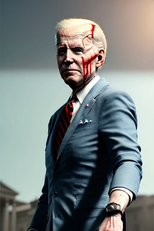 realistic image, joe biden zombie, arm cut and bleeding, night, walking with a limp, waist up view, dark ambient, highly detailed, sky background, concept art, unreal engine 5, god rays, ray tracing, RTX, lumen lighting, ultra detail, volumetric lighting, 3d, finely drawn, high definition, high resolution.