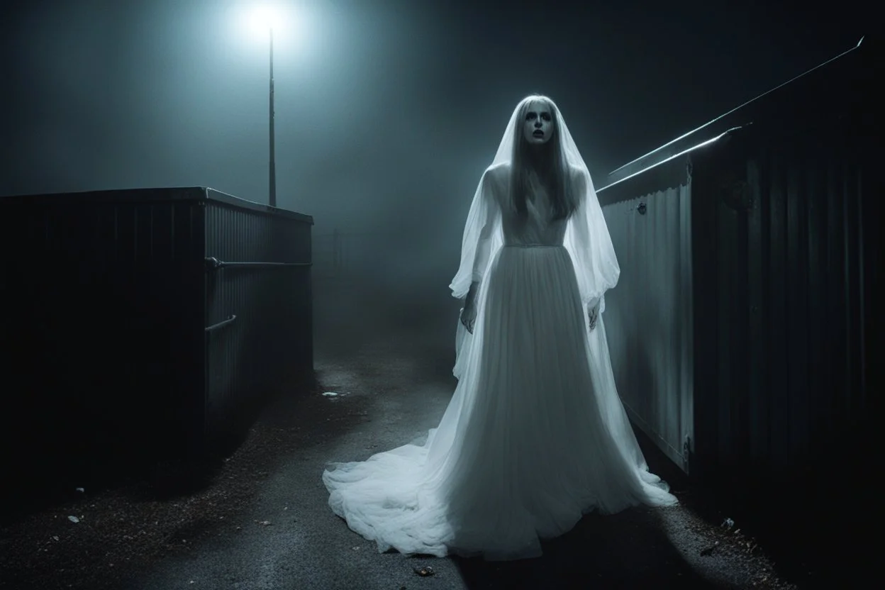 low res, low quality picture, high film grain, terrifying scene of a ghostly girl wearing a long ghostly white gown leaning out from behind a dumpster on a foggy night, found footage horror, low contrast, night vision, static haze