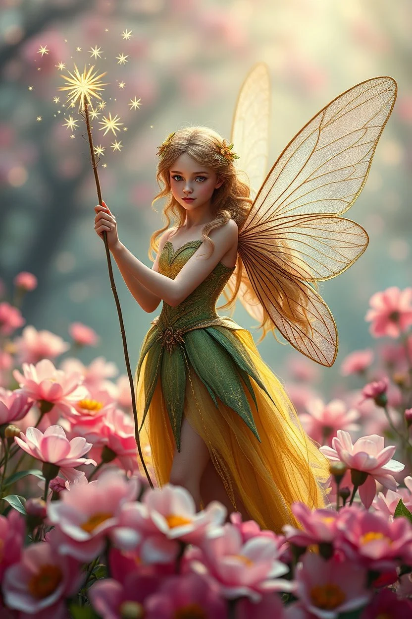 A hyper-realistic,A fairy with a wand of twinkling stars, surrounded by a sea of vibrant blooms in a dreamlike fantasy world., Photo Real, HOF, full size, practicality,manufacturability,performance, (((realism, realistic, realphoto, photography, portrait, realistic, elegant, charming, apocalyptic environment, professional photographer, captured with professional DSLR camera, trending on Artstation, 64k, ultra detailed, ultra accurate detailed, bokeh lighting, surrealism, Thomas Kinkade backgroun