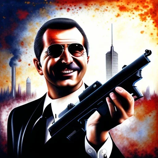 water color art,mafia family boss grinning with black greasy hair, pointing big blank gun and wearing suit, city streets in background,run for cover