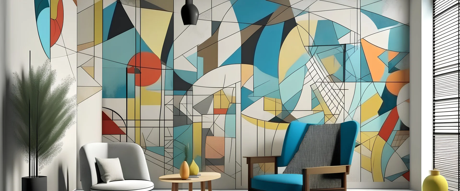 : Design a mural that acts as a symphony of shapes, seamlessly blending abstract, geometric, organic, and inorganic elements in a harmonious composition.