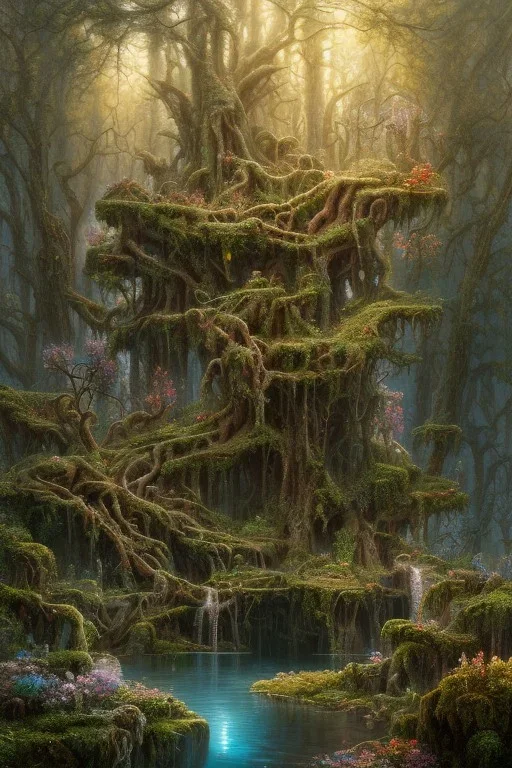 high-quality, fine-detail beautiful, breath-taking forest with gnarled trees, flowers, clear reflective lake, tranquil, stunning, 8k resolution, intricate, digital art, detailed matte, volumetric lighting, George Grie, Anne Dittman, Anne Stokes, Lisa Parker, Selina French, Alphonse Mucha