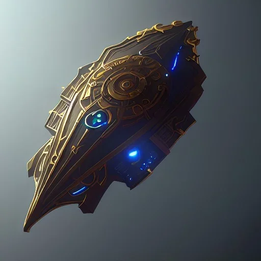 huge ornate spaceship made of brass and black stone flying through space