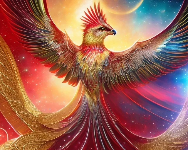 a detailed illustration of a phoenix with shiny red wings and long glowing sparkly body, luminescent body, glinting spread wings, realistic, soft and smooth glowing wings, soft feathers, macro lens, sharp focus, meticulously detailed, soft studio lighting, smooth blurred gradient background, 64k