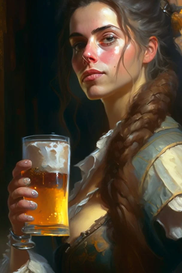 a painting of a woman holding a glass of beer, a fine art painting by Robert Lenkiewicz, cgsociety, fantasy art, detailed painting, 2d game art, unreal engine 5