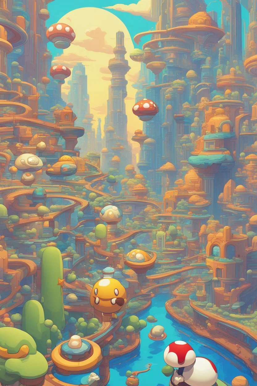 Vibrant digital art inspired by Super Mario Land, set in a fantastical, sprawling metropolis, rendered in a cartoonish style with exaggerated features and bold lines, bathed in radiant, electric hues of cerulean, amber, and chartreuse, evoking a sense of whimsy and wonder, with towering skyscrapers, winding roads, and fluttering Mario-esque flags, all infused with an epic, cinematic quality, as if plucked straight from a fantastical dream world, with hints of magical fog and radiant sunshine.