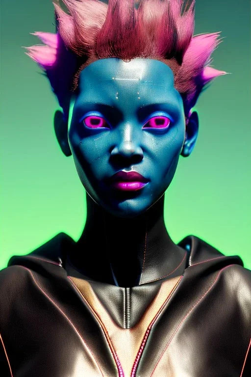 Medium Close Up Portrait, Front image. cyberpunk, rabbit eyes-mask, Afro woman, pink hair. Leather tracksuit. Red, black, gold, color. Ghost in the shell style. Color background, photo studio. Avatar image, highly detailed, concept art, smooth, unreal engine 5, god rays, ray tracing, RTX, lumen lighting, ultra detail, volumetric lighting, 3d, finely drawn, high definition, high resolution.