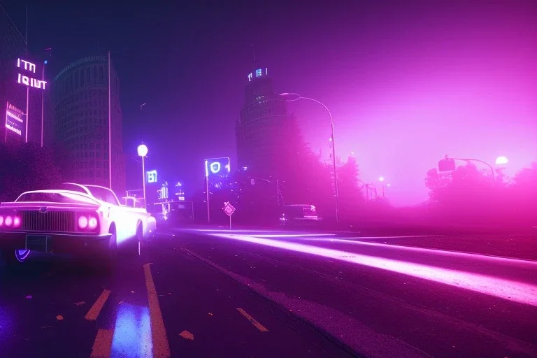 detroit home run down ,cars run down, night time , unity, scriptable render pipeline , lighting , volumetric , global illumination, fog , purple emission , purple tone.