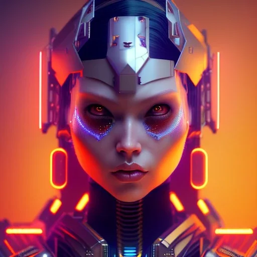 Latin, Cyber Woman, orange short hair, samurai, cyberpunk, neon, highly detailed, art stations, concept art, smooth, unreal engine 5, god rays, ray tracing, RTX, lumen lighting, ultra detail, volumetric lighting, 3d, finely drawn, high definition, high resolution, gradient background