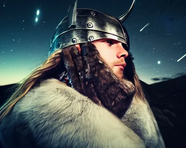 a sad and lonely viking looking up at the stars at night, hyper realistic, 8k, insane detail, atmospheric background, crying eyes, big fur coat, long braided hair, sharp focus, soft background, dynamic lighting, viking helmet, night time