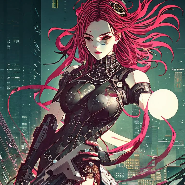 beautiful cyberpunk huge girl, shattered, hyperdetailed, illustration by Katsushika Hokusai, darkred tones,