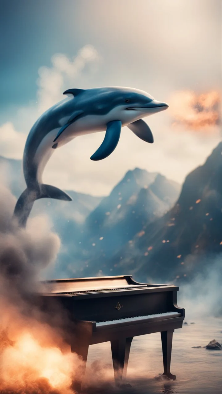 flipper movie poster, close up danger expression, mountains playing piano, dolphin police stunt man explosion and fall, smoke and blitz, bokeh like f/0.8, tilt-shift lens 8k, high detail, smooth render, down-light, unreal engine, prize winning