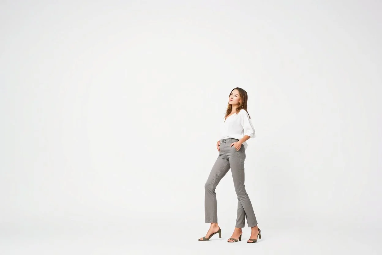 empty simple background and cloudes a beautiful young lady wearing pants and blouse standing gracefully