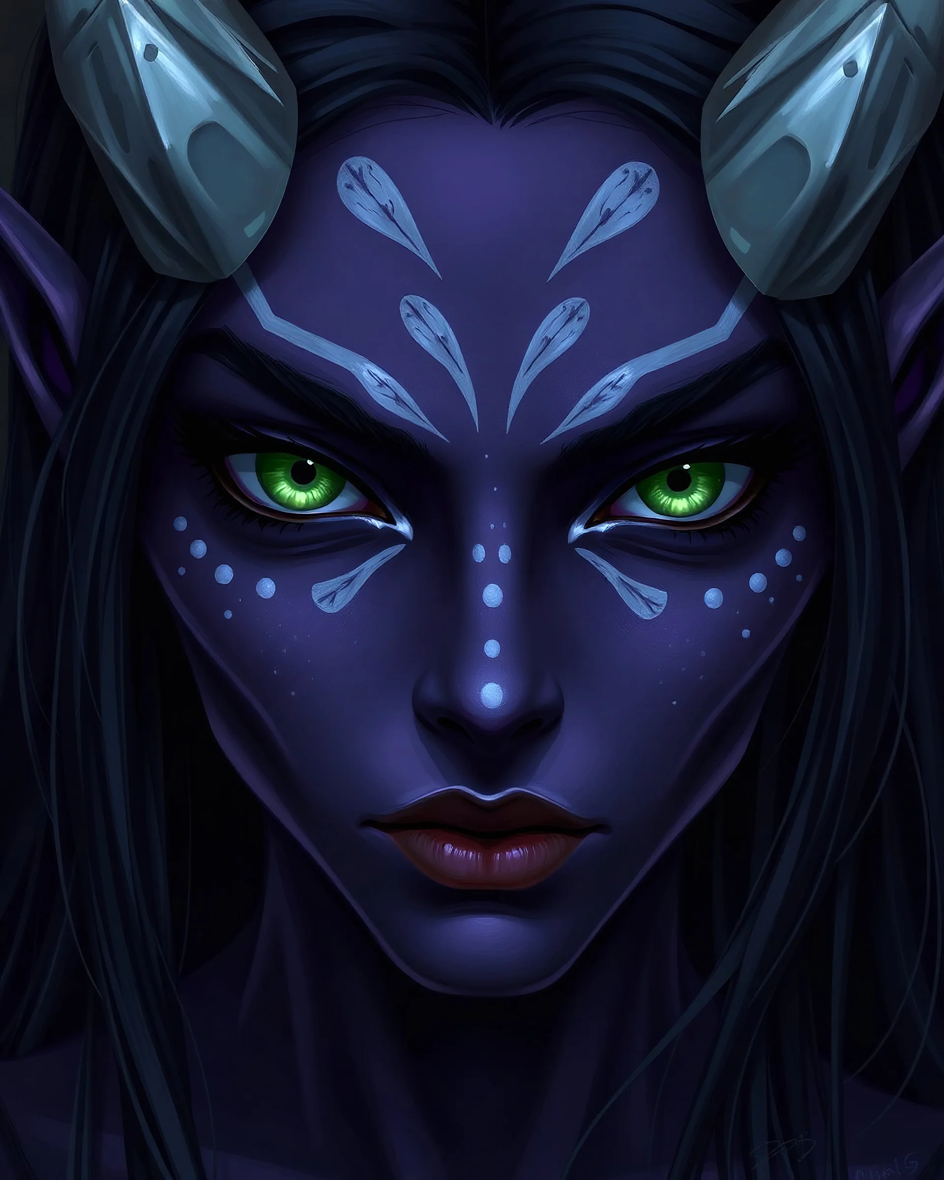 Female drow, dark purple skin, white freckles, green eyes, black hair, no horns, no face paint