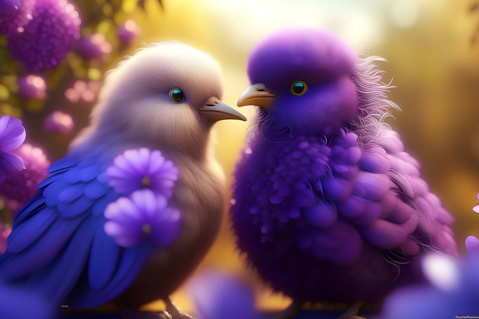 Very fluffy bird couple love, flora, in sparkling sunshine Weight:1 detailed matte painting Weight:0.9 in purple