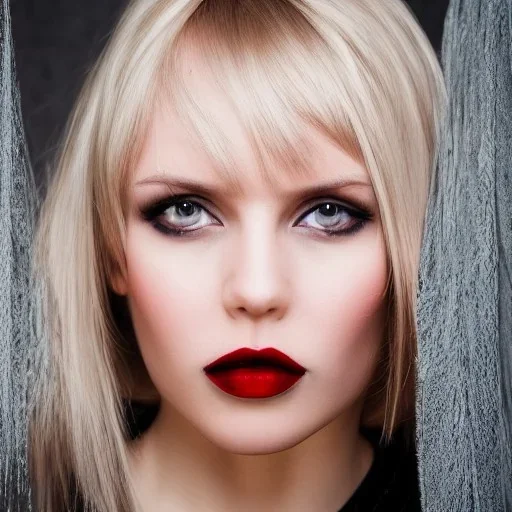 portrait of a cute Russian blonde woman with a long fringe, square face, black eyes and full lips