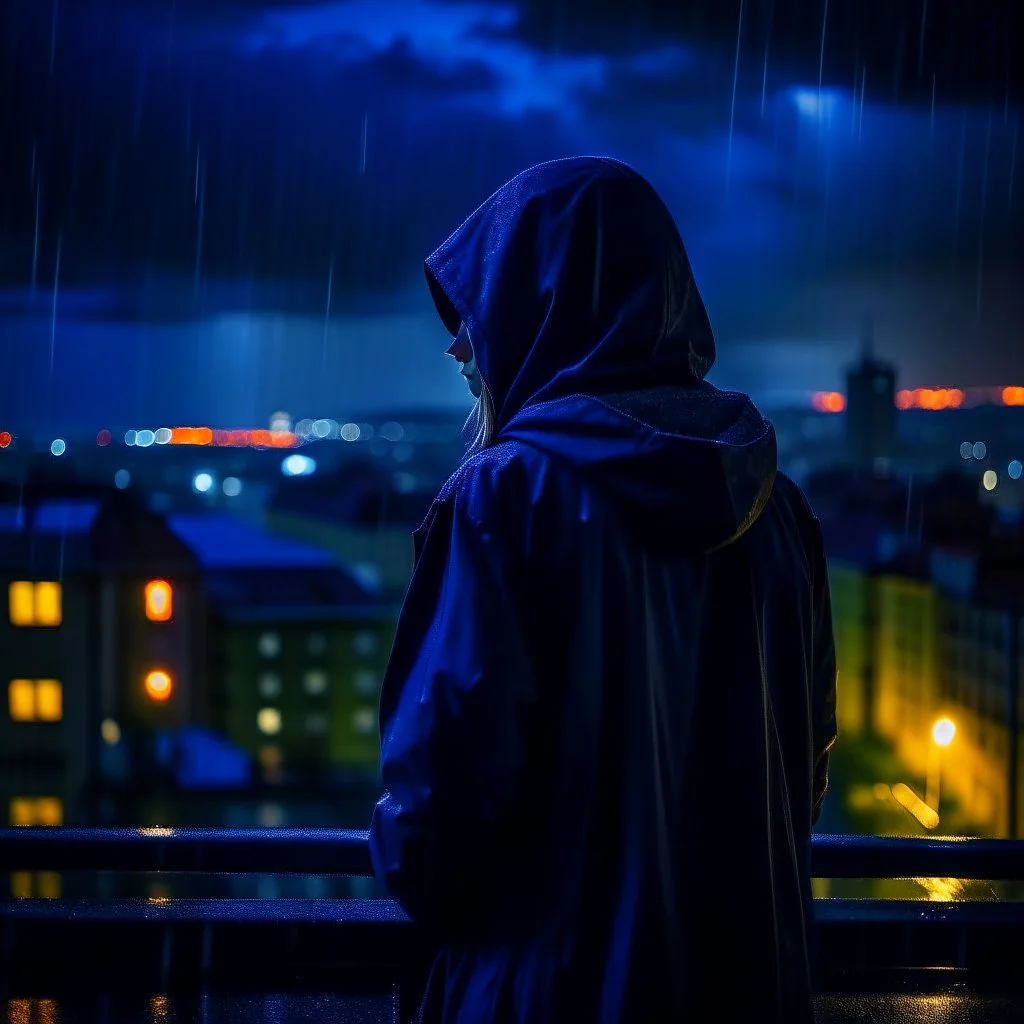 girl in a raincoat, viewed from behind, watching the empty city, at midnight, dark grey colours, rainy, atmospheric, photo quality