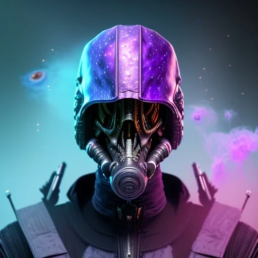 full body apocalyptic purple masked villain in galaxy, teal and purple smoke, detailed, realistic, 4k