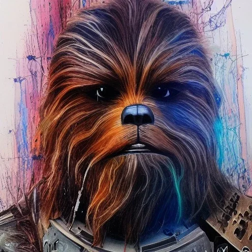 photorealistic and intricate portrait of chewbacca in star wars by Carne Griffiths, wearing beskar armor, deep dark colors, hyperdetailed, 32K, oil on canvas,