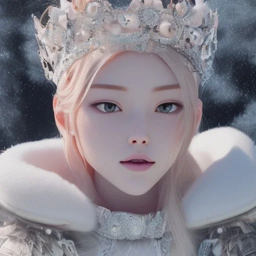 smooth hyper realistic, beautiful Japanese snow flower in crown, pale colors, dark cosmos background, cat еye, extremely sharp detail, finely tuned detail, ultra high definition, 8 k, unreal engine 5, ultra sharp focus, accurate sword wings, positive smile, lot of details, fit within portrait, Ambiance winter, perfect composition, perfect hair, perfect hands, finger up gestures