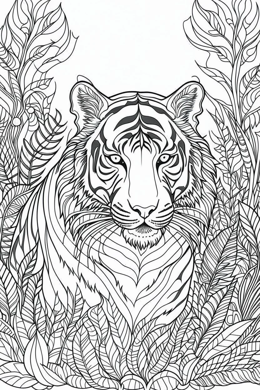 outline art for an Adult coloring page, Tiger with a jungle background, Sketch style, head, only use outline< Mandala style, clean line art, white background, no shadows and clear and well
