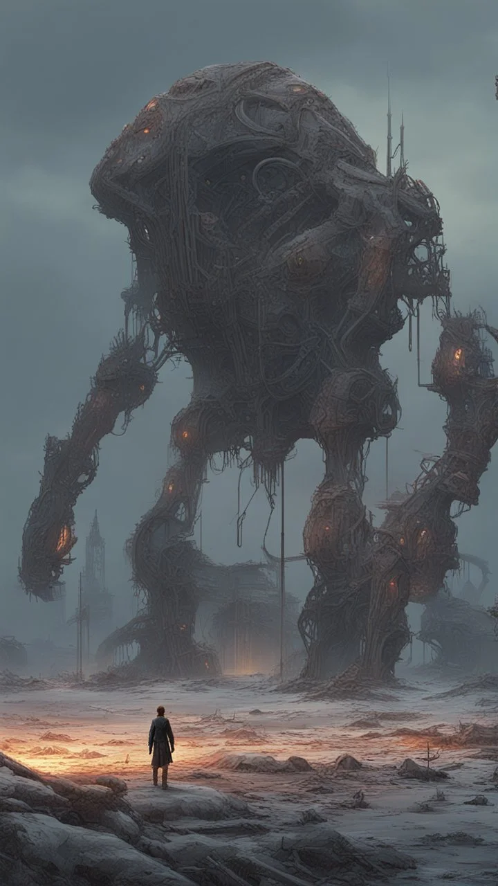 imon Stålenhag Influence: In a post-apocalyptic landscape, a giant, biomechanical creature stands amidst the ruins, its intricate circuits glowing against the twilight, a group of survivors observing in awe and fear from a safe distance.