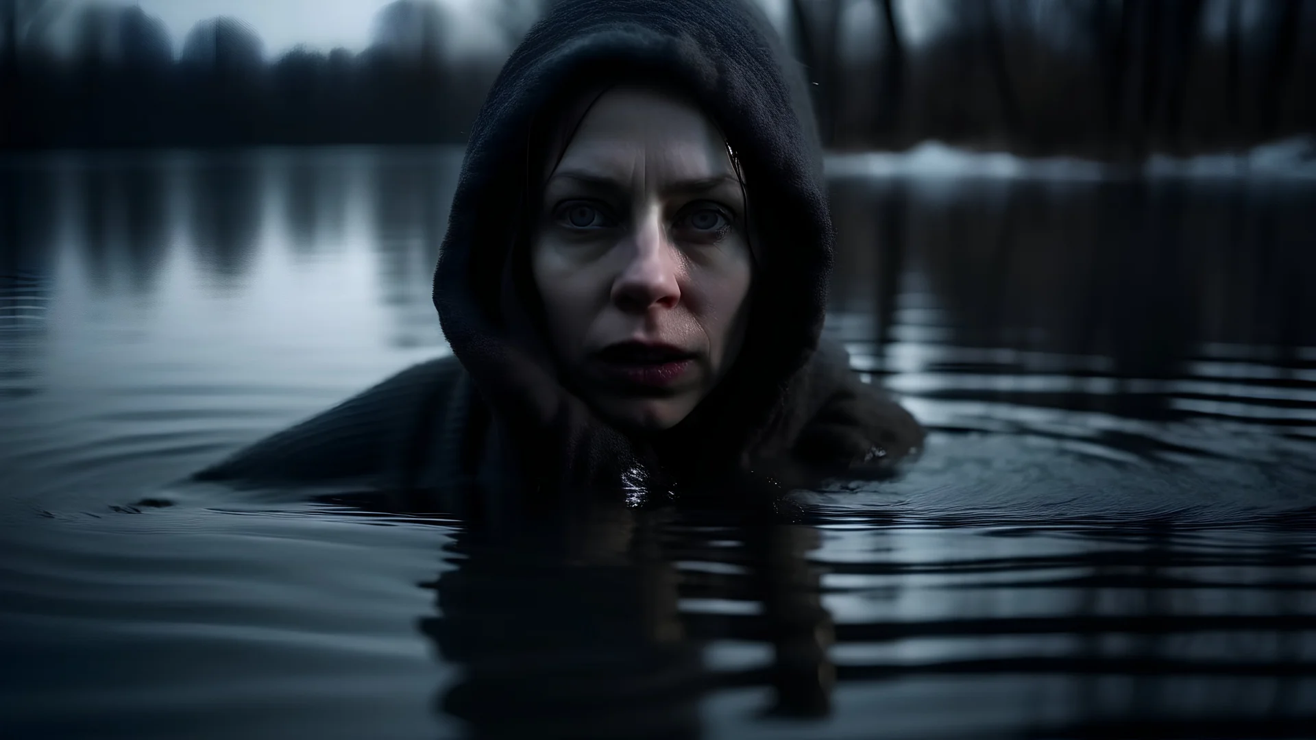 A woman with an evil face, a horror face, drowns a child in water, winter, frozen lake, dark