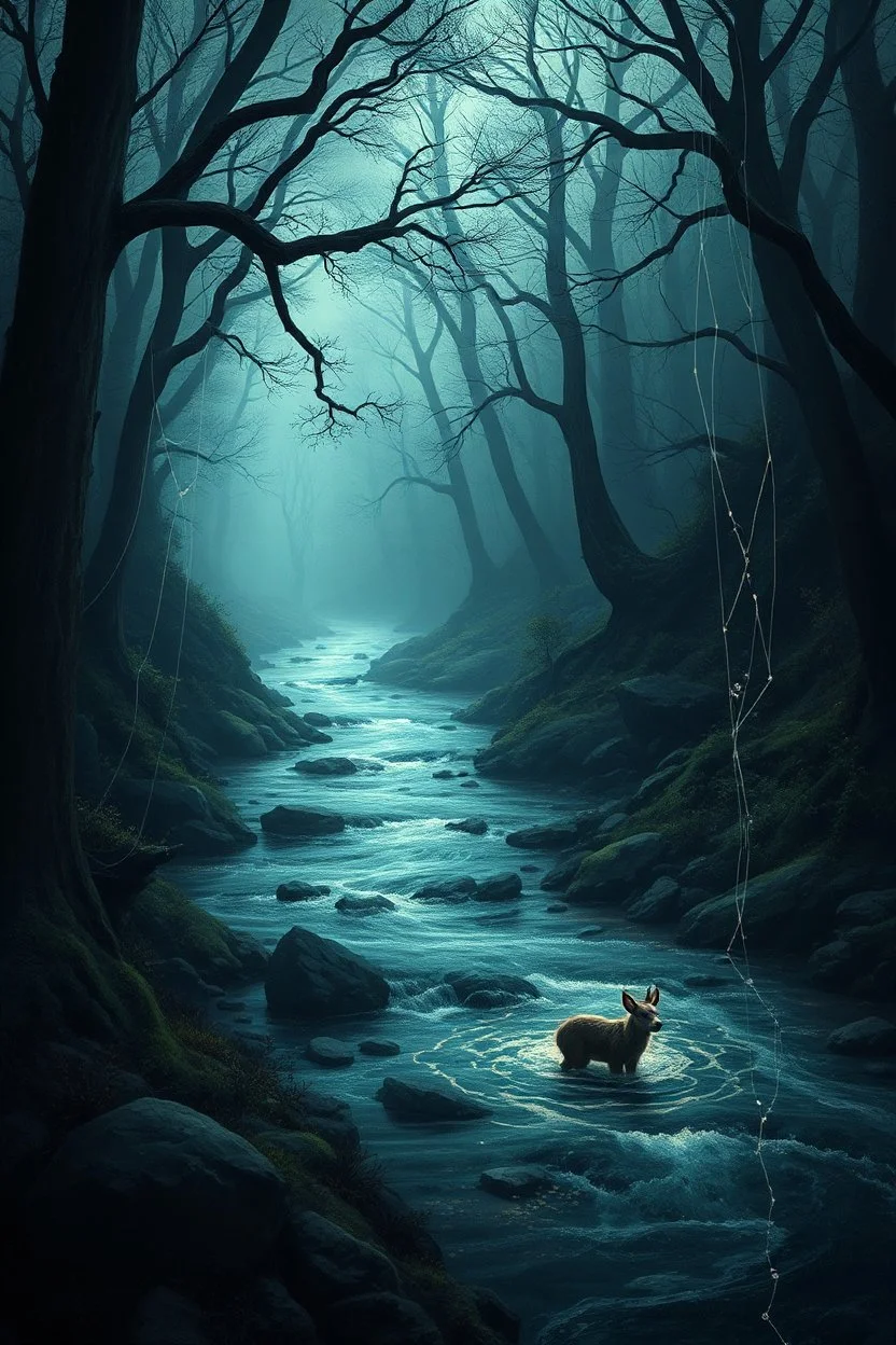 fantasy winding dark forest river with animal in the darkness and cobwebs and little will o' wisps