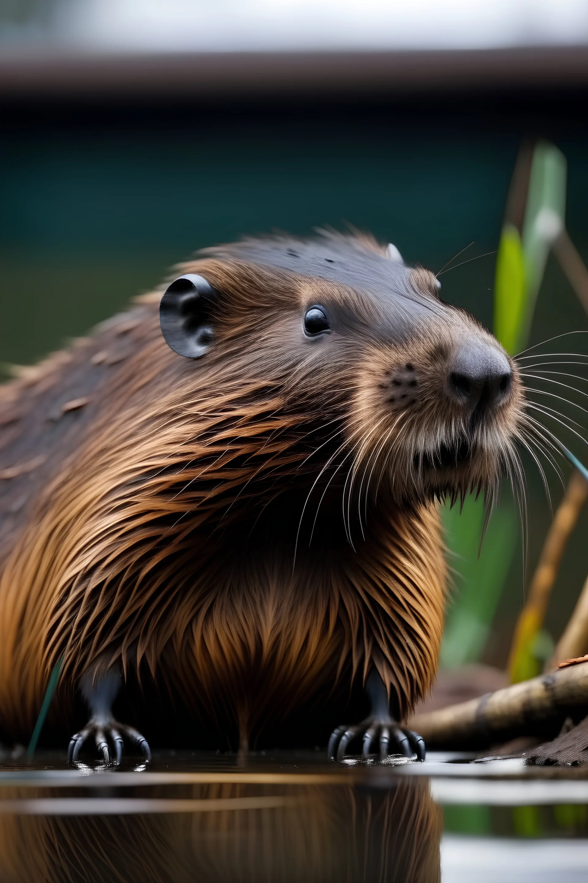 Portrait a beaver in front of an electric dam