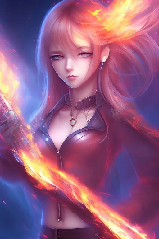 3d misterious Anime girl close and personal in fire background