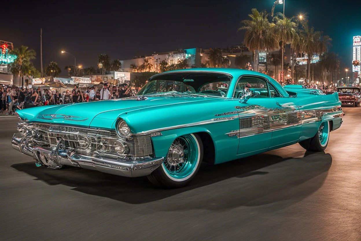 turquoise Ford Thunderbird lowrider with souped up hydraulics bouncing up during a night street racing event at a Los Angeles street, car's wheels are off ground, neon, fast and furious aesthetic, young glamorous onlookers dressed in flashy streetware, photograph