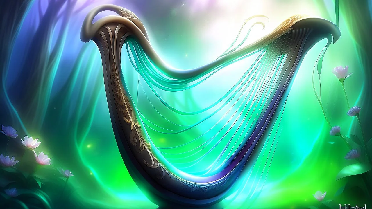 Fantasy digital illustration: = a magical harp with eyes and mouth