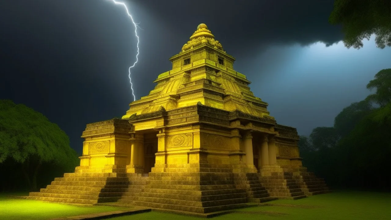 A temple with light yellow lightning designed in Mayan architecture